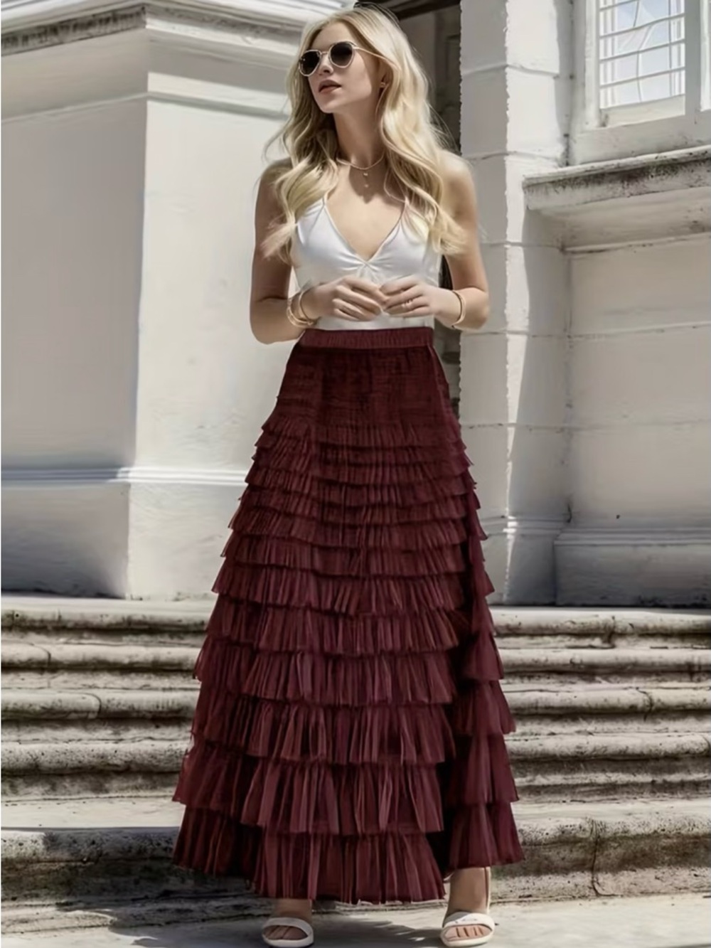 Burgundy Wine Tiered Ruffle Tulle Maxi Skirt Boho Romantic Balletcore M NWT